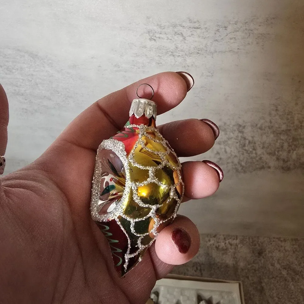 Vintage Glitter Mercury Glass Christmas Ornaments Europe Teardrop Tree Set Of 7